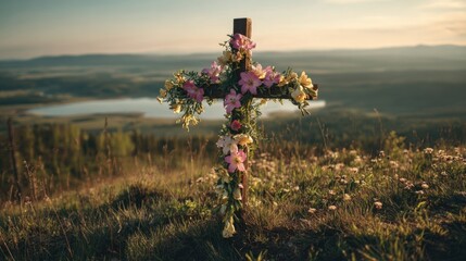 Closeup of a solitary cross, adorned with fresh flowers, standing on a grassy hill overlooking a vast, peaceful landscape, representing faith as a beacon of love and beauty.