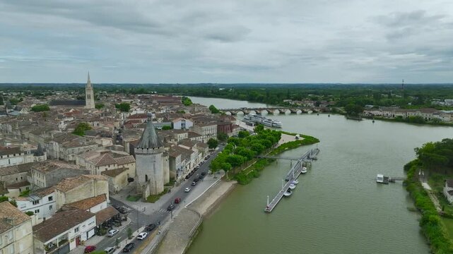 Libourne from a drone, Gironde, Nouvelle-Aquitaine, Saint-&Eacute;milion and Pomerol, Southwestern France, Europe