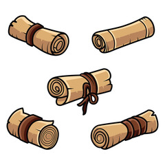 Old paper scrolls set. Magic sacred manuscripts, ancient paper rolls, sheets. Ancient antique papyrus with text and seal, tied with rope graphic vector illustrations.