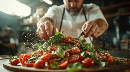 A skilled chef meticulously preparing a vibrant salad, highlighting colorful fresh ingredients, embodying the joy of cooking and the beauty of culinary artistry in a bustling kitchen setting.