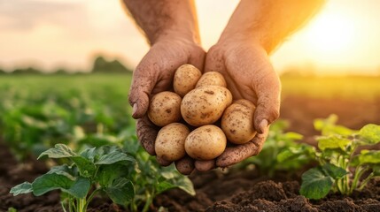 A pair of hands tightly cradles dirty, freshly harvested potatoes against a lush green backdrop, signifying the connection between nature and agriculture.