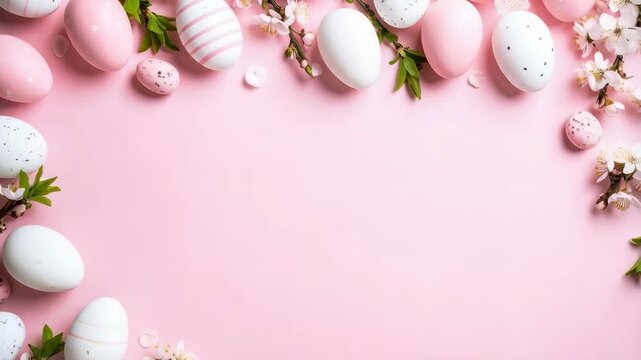 Pastel easter eggs with decorative patterns arranged on a pink background, top border with spring blossom branches and copy space.