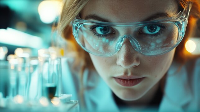An intense close-up of a female scientist poised at her lab station, reflecting dedication and concentration in her research, surrounded by test tubes and equipment.