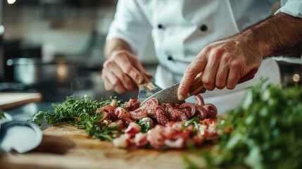 A skilled chef finely chops fresh octopus on a wooden cutting board, surrounded by vibrant herbs, showcasing culinary artistry and passion for food preparation.