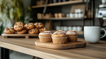 Freshly baked muffins and a warm cup of coffee sit invitingly on a wooden table, evoking a sense of comfort and warmth in a cozy culinary atmosphere.
