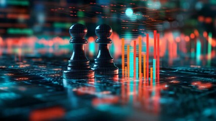 A strategic digital chessboard featuring glowing chess pawns positioned for a competitive move amidst rising financial bar charts and complex market data analysis. - Powered by Adobe