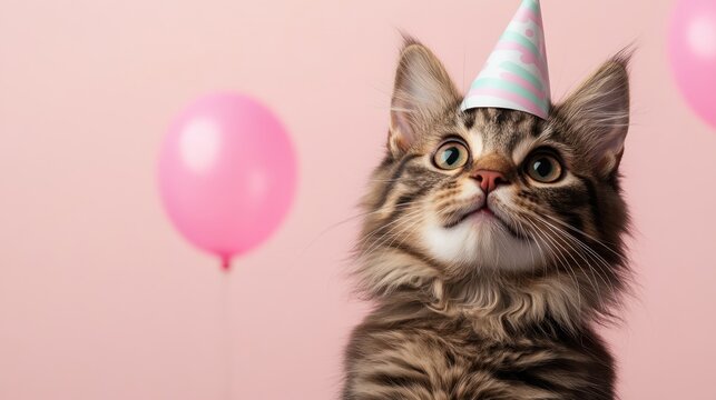 This charming image showcases a cute cat adorned with a festive party hat, set against a playful pink background, evoking a sense of joy and celebration in a delightful way. - Powered by Adobe