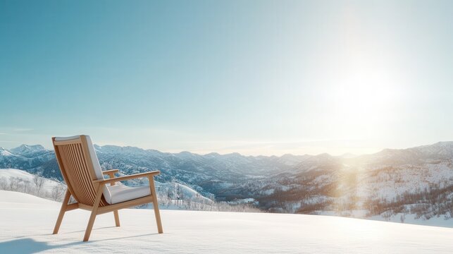 A solitary chair sits majestically on a snowy mountain peak, bathed in sunlight, inspiring a sense of peace and contemplation in the midst of nature's beauty.