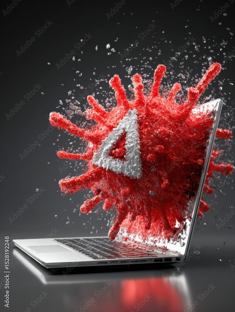 Poster warning popup indicates malware attack from fake antivirus software on laptop screen