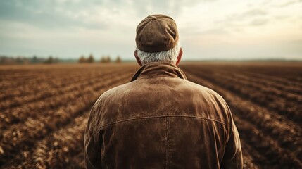 An elderly farmer stands solemnly with his back to the viewer, gazing out over a sprawling field at sunset, symbolizing wisdom, hard work, and connection to the land.