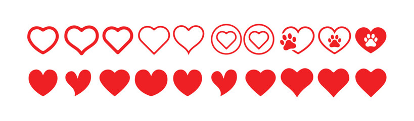 Red love icon shape on white background,Red love heart icon collection. Set of red heart icons,vector illustration eps 10.