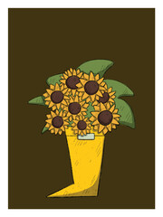 Sunflowers in a Yellow Boot A HandDrawn Flat Floral Composition