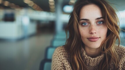 A captivating portrait of a young woman with freckled skin and blue eyes, sitting in a bright airport terminal, exuding warmth and a positive aura amidst travel anticipation.