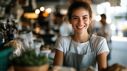 A friendly barista smiles warmly while standing behind the counter of a cozy coffee shop, showcasing excellent customer service and a welcoming atmosphere.