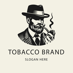 Vintage black and white logo of a bearded gentleman in a suit and hat smoking a pipe. Flat vector illustration in minimalist retro style, perfect for branding or barbershop design.