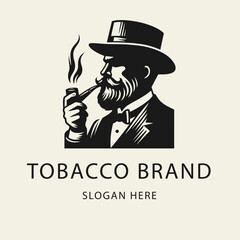 Vintage black and white logo of a bearded gentleman in a suit and hat smoking a pipe. Flat vector illustration in minimalist retro style, perfect for branding or barbershop design.