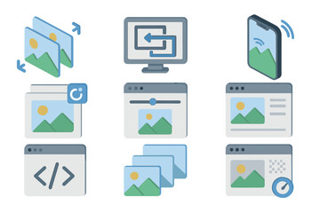 Digital media icons representing photo editing and web development