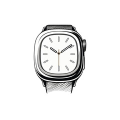 Black and white illustration of a modern wristwatch with a minimalist dial. Stylish timepiece concept with a clean design, isolated on white background.