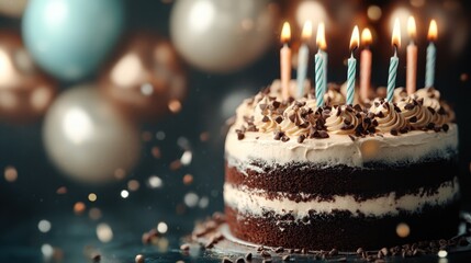 A beautifully layered chocolate birthday cake adorned with delightful buttercream frosting and colorful candles, perfect for celebrating special moments with loved ones.