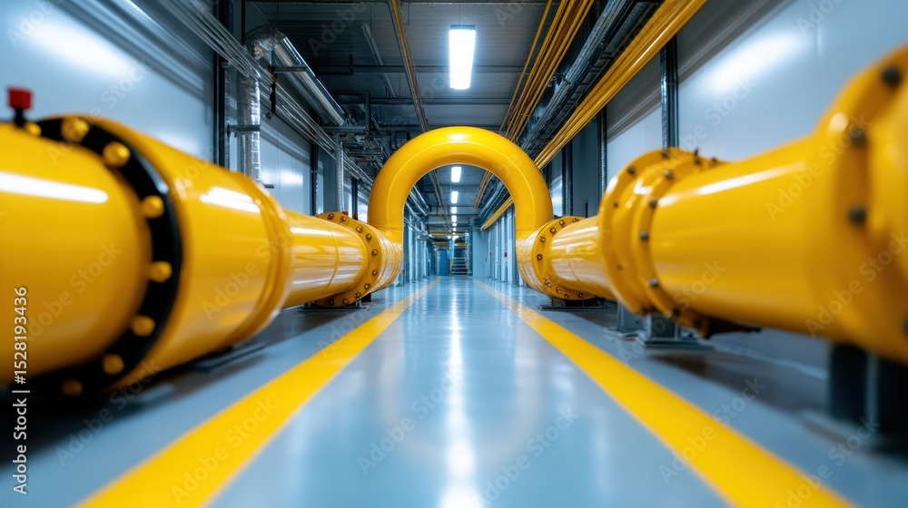 Poster a striking view of yellow industrial pipes running through a modern facility, emphasizing the inters