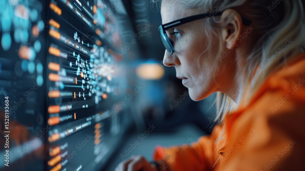 Poster a focused woman wearing glasses intently analyzes intricate data displayed on multiple computer scre