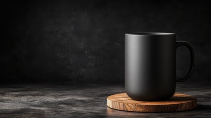 A sleek black coffee mug placed elegantly on a wooden coaster, featuring a minimalist design against a moody, dark background enhancing its simplistic beauty.