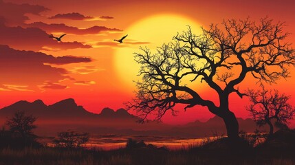 Naklejka premium Arizona Landscape Silhouette. Stunning Sunset Over Sonoran Desert with Sky, Tree, and Nature