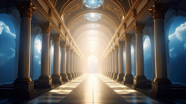 Elegant interior hallway with white marble columns, gold trim, arched ceiling and checkerboard floor leading to a bright light