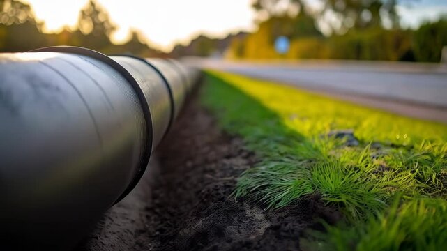 Close-up of large black plastic pipe laid in dirt by a grassy area with trees and a bright, soft, late afternoon sun.