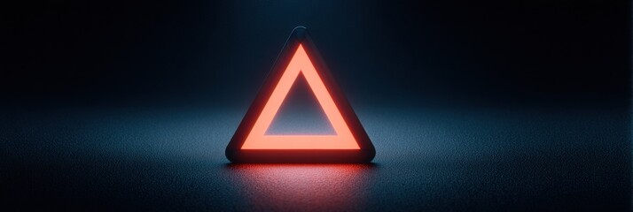 Fototapeta premium Warning Triangle Illuminated on Dark Matte Surface Indicating Caution and Potential Hazard in Low Light Conditions
