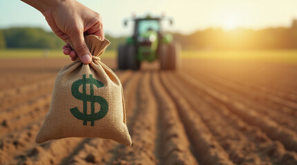 A hand holding a money bag with a dollar sign in a field, symbolizing agribusiness loans and financial support for farming.