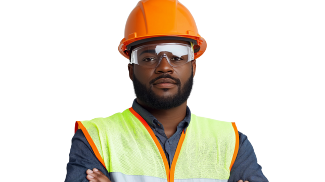 Construction worker in reflective vest and hard hat, neutral expression, white studio background, professional photo, PNG 