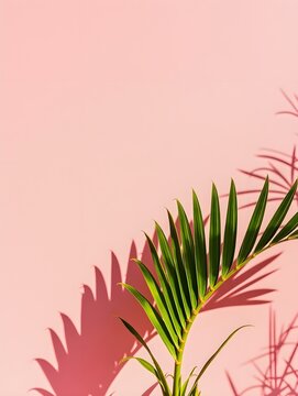 Tropical palm leaf green yucca plant against a textured pink wall, casting a sharp shadow. Minimalist botanical composition with vibrant colors