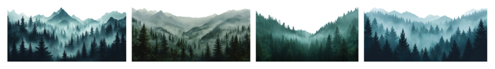 Obraz premium PNG Misty mountain forest landscape, element set on transparent background