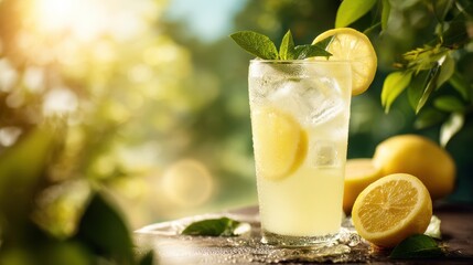 Refreshing beverage featuring sliced lemons and fresh mint leaves on a bright blue wooden surface.