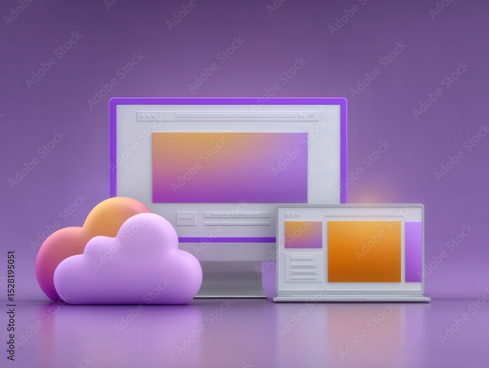 Poster modern digital workspace featuring computer monitors and colorful cloud storage symbols set against 