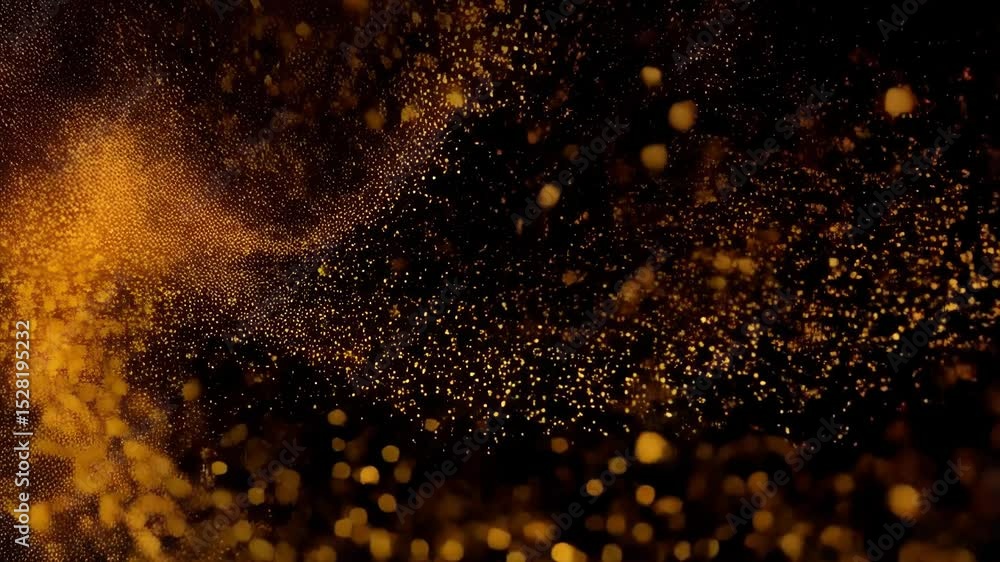 Poster bright gold particle flow emanating from a central point and dissolving into separate glowing golden