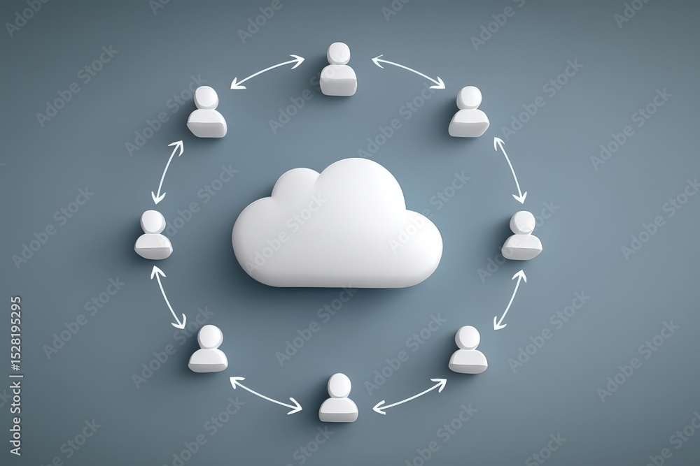 Poster digital collaboration among users represented by abstract figures engaging in a dynamic cloud networ