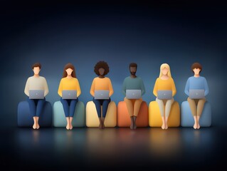 Group of diverse individuals engaged in creative collaboration while using laptops in a minimalistic modern setting with colorful seating creating an inviting workspace atmosphere