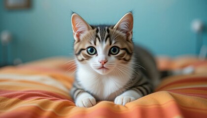 Adorable kitty with orange and red stripes on the bed