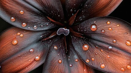Close-up view of a dark brown lily petal with water droplets.