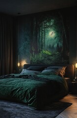 Dark, emerald green bedroom with forest mural