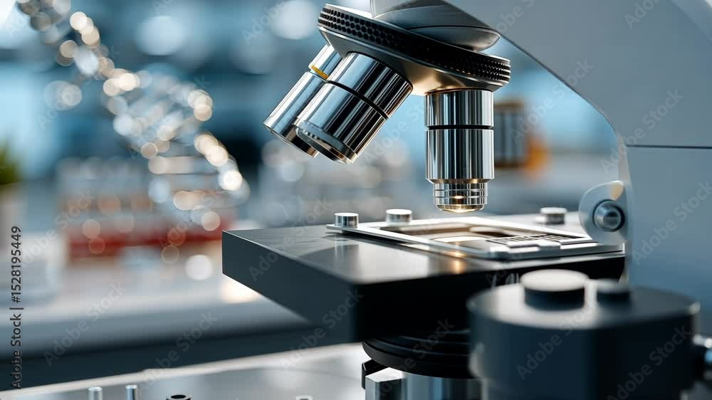 Poster exploring scientific discovery through the lens of a microscope in a modern laboratory setting