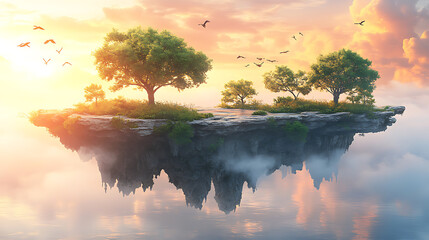 Serene Floating Island at Sunset A Fantasy Landscape
