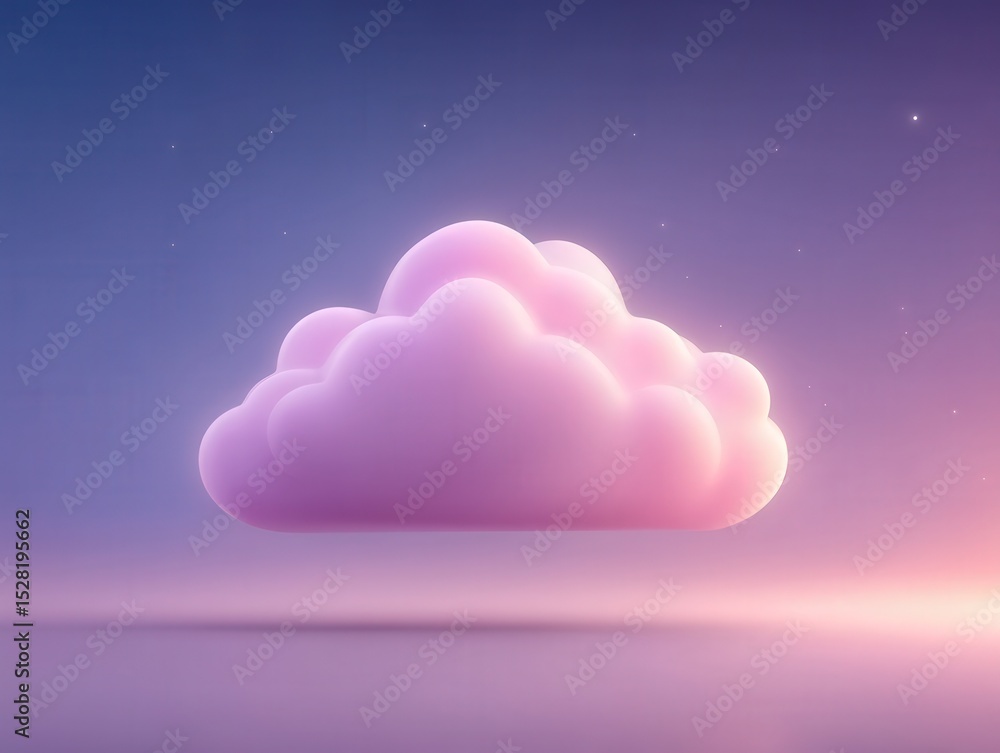 Poster soft pink cloud floating in a serene twilight sky with subtle stars representing tranquility calmnes
