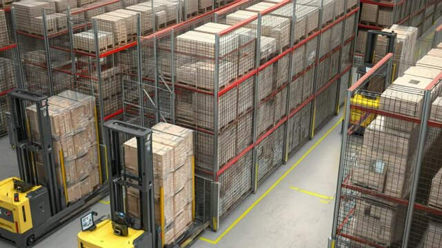 Autonomous Forklifts Navigating Warehouse with Stacked Pallets - Powered by Adobe