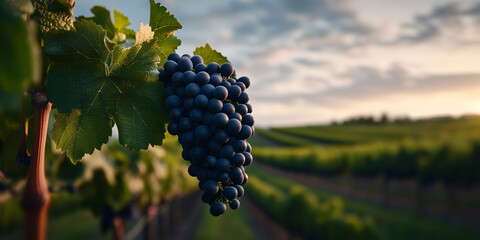 Naklejka premium A beautiful vineyard plantation with rows of grapevines laden with ripe bunches of purple grapes, with sunlight filtering through the leaves 