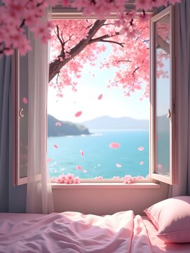 Pink petals falling from cherry blossom tree outside bedroom window overlooking the sea