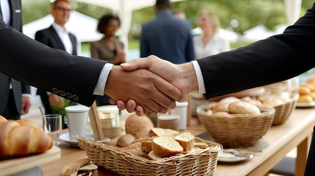 Networking event in a garden setting with people shaking hands and enjoying refreshments, showing connections made over baked goods