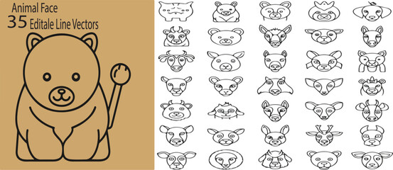 Animal Face, zoo animal, bear, cartoon line, forest animal, kids animal vector set